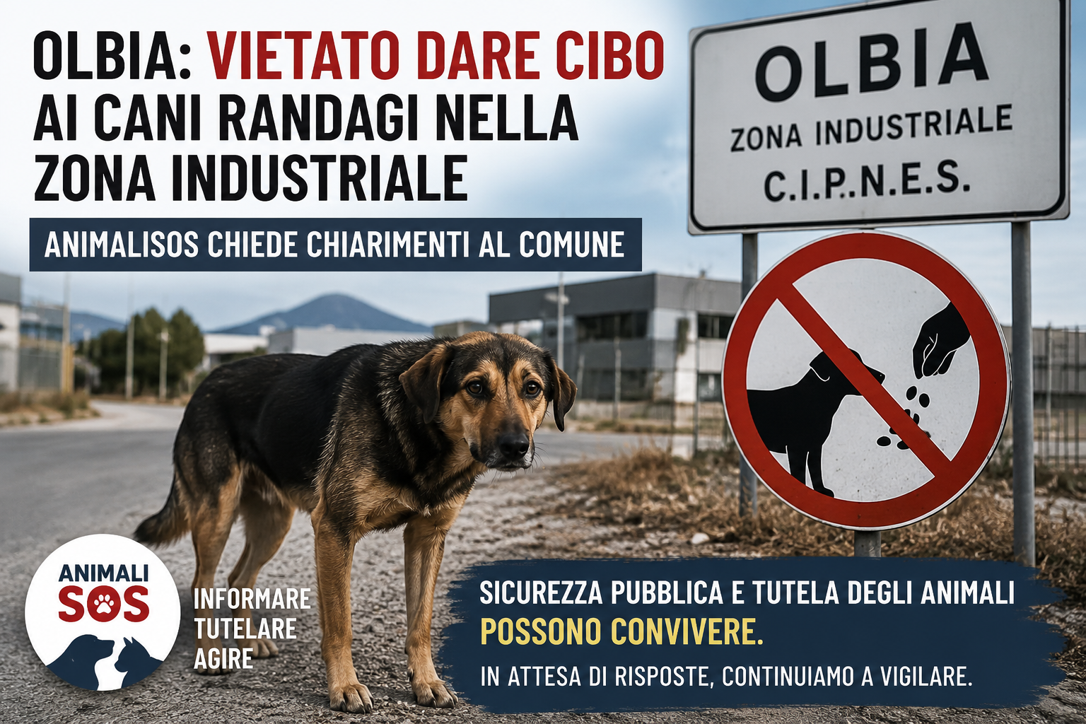 Olbia vieta di nutrire i cani randagi al CIPNES: AnimaliSOS invia una PEC al Comune